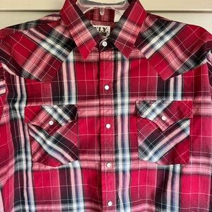Ely Cattleman Men's Red Plaid Pearl Snap Shirt Silver